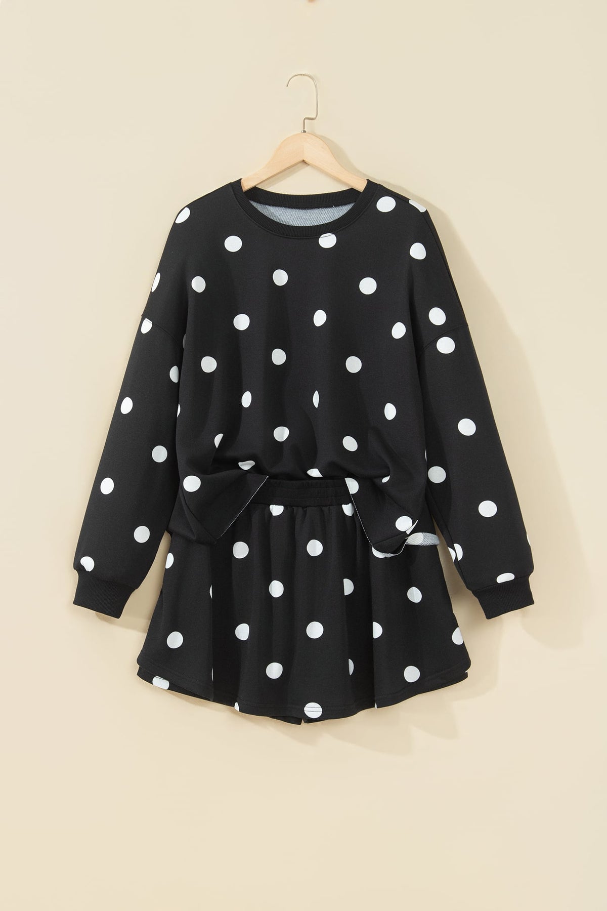 Black Polka Dot Raw Hem Relaxed Pullover Loose Skort Two Piece Set