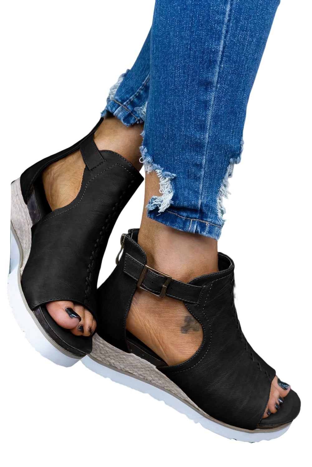 Black PU Cutout Buckle Strap Platform Sandals