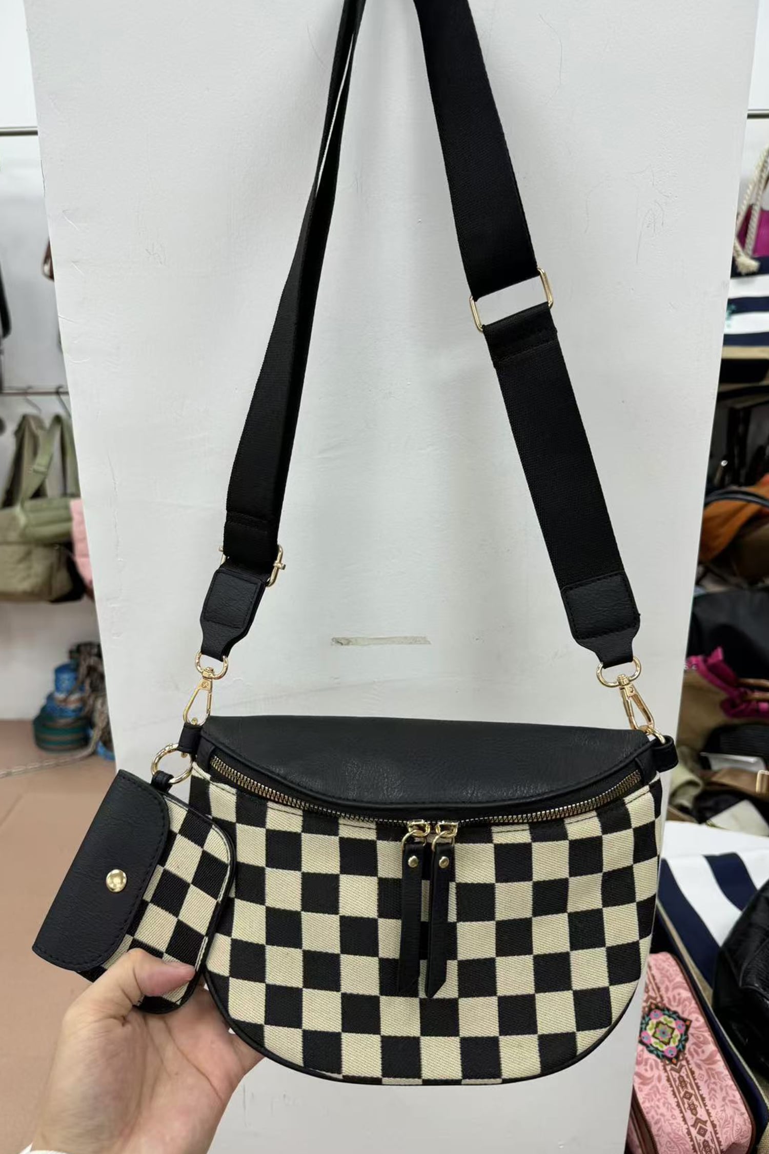 Black PU Leather Checkered Knit Patchwork Wallet Attached Shoulder Bag