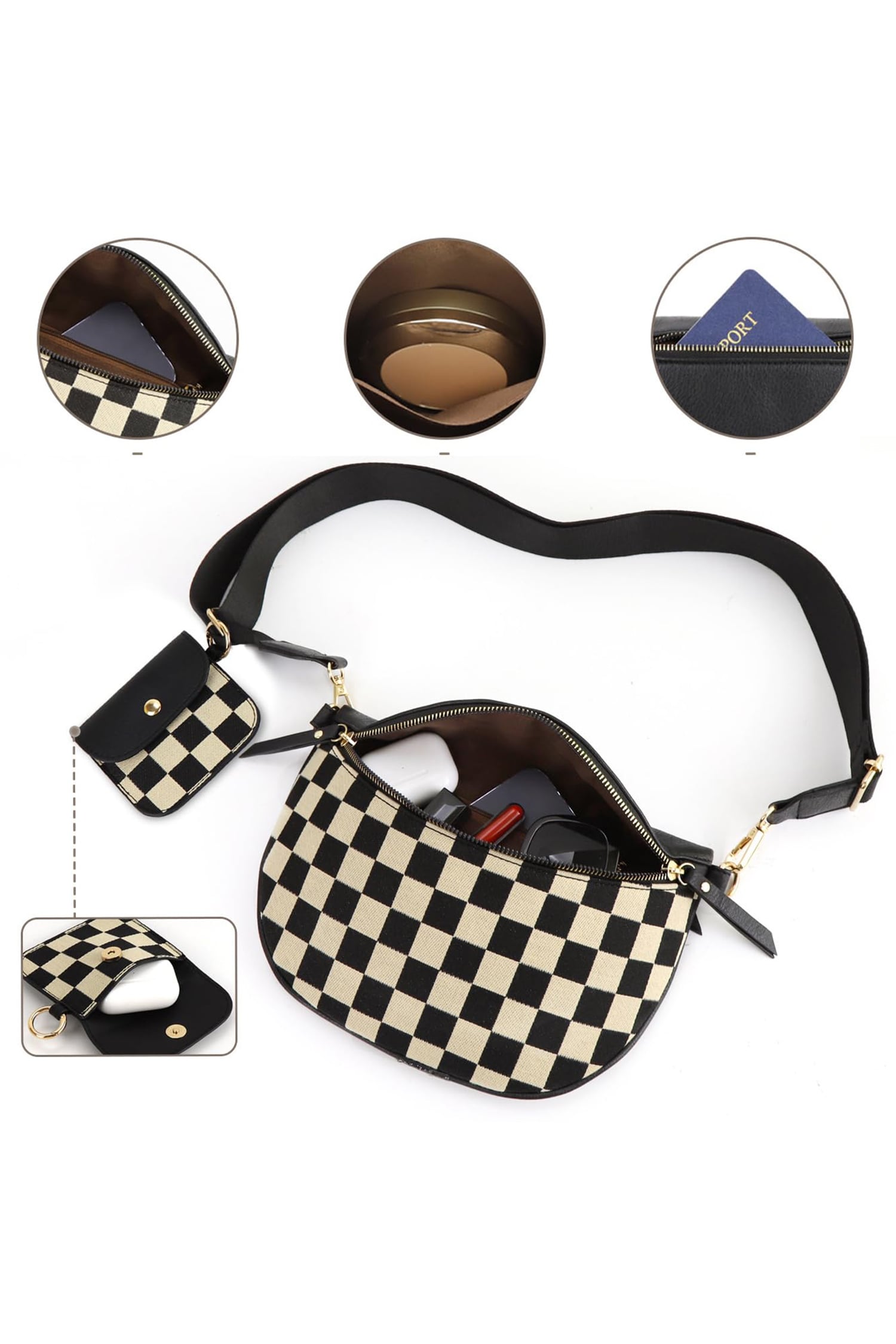 Black PU Leather Checkered Knit Patchwork Wallet Attached Shoulder Bag