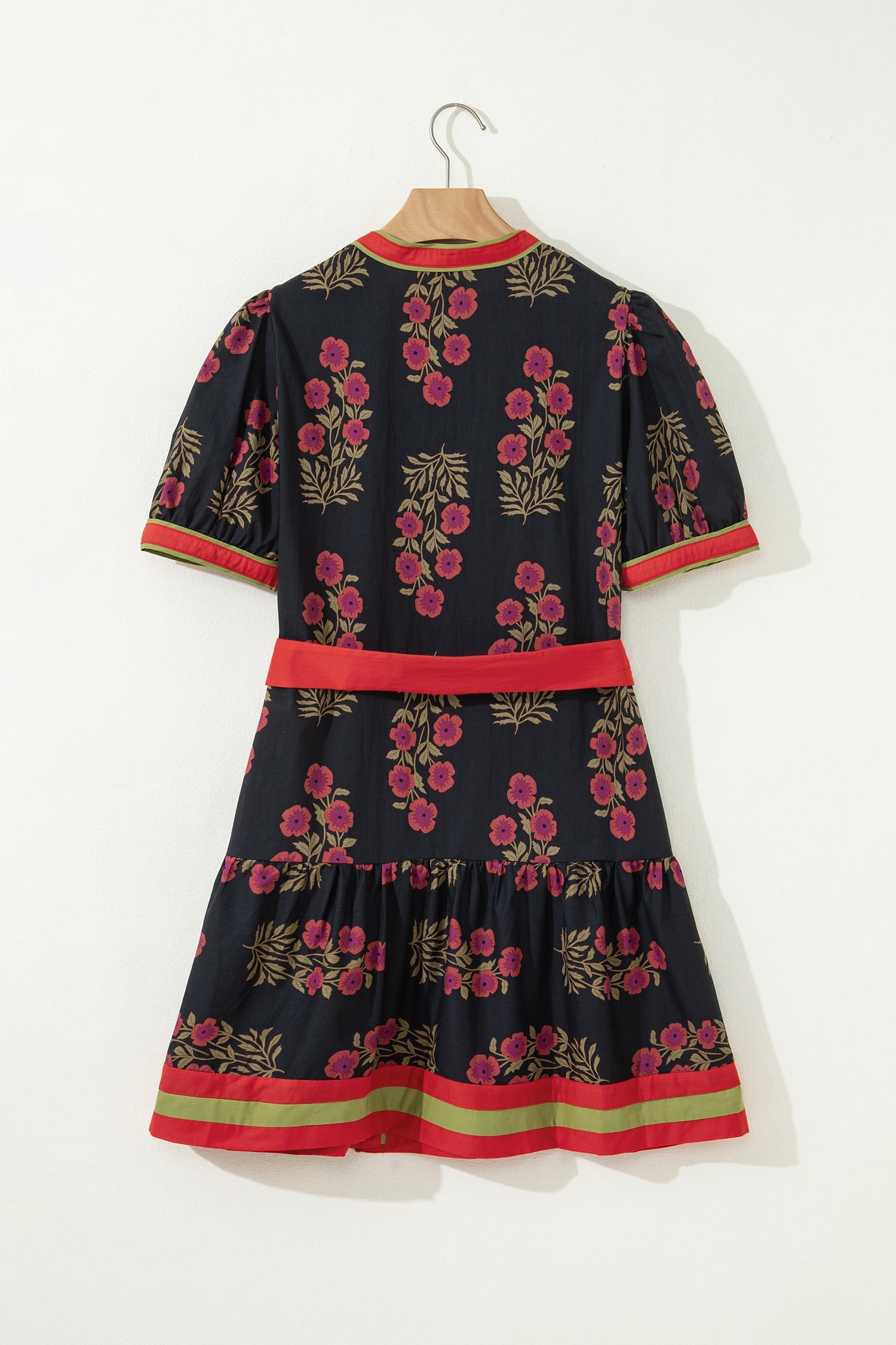 Black Retro Floral Print Button Down Belted Short Puff Sleeve Mini Dress