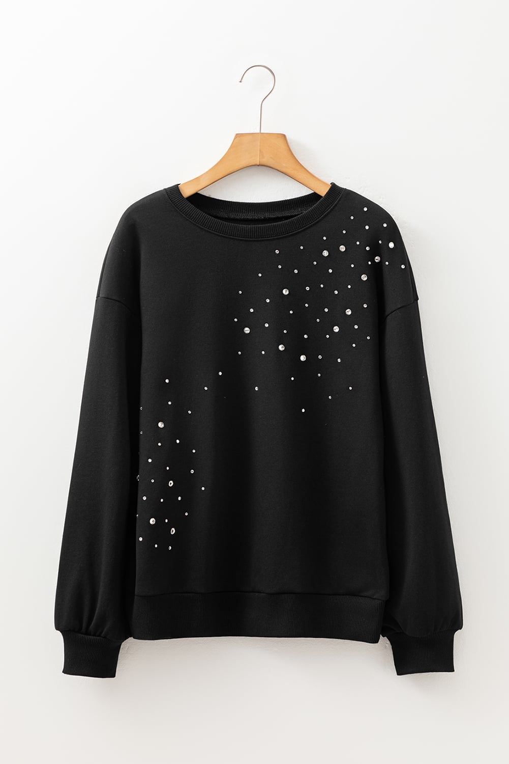 Black Rhinestone Embellished Drop Shoulder Ribbed Cuffs Sweatshirt