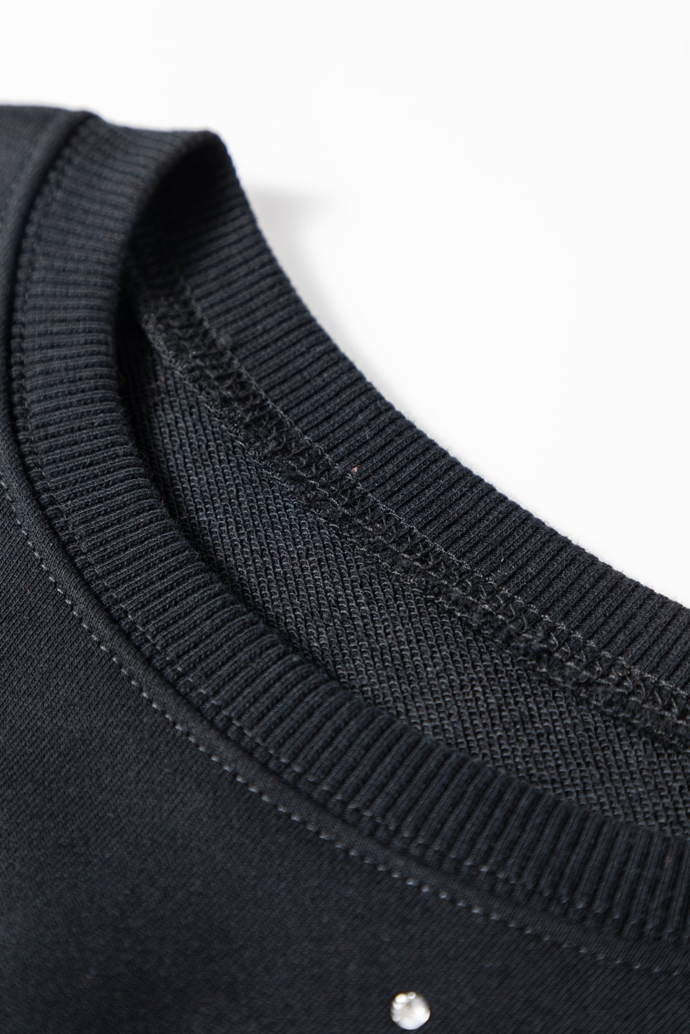 Black Rhinestone Embellished Drop Shoulder Ribbed Cuffs Sweatshirt