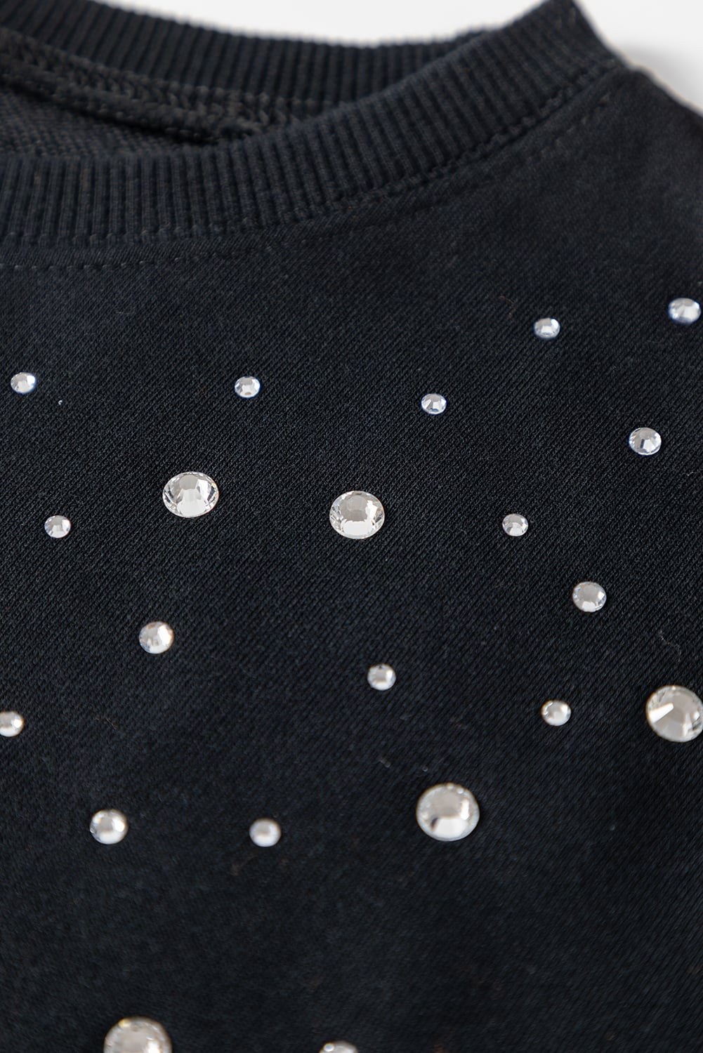 Black Rhinestone Embellished Drop Shoulder Ribbed Cuffs Sweatshirt