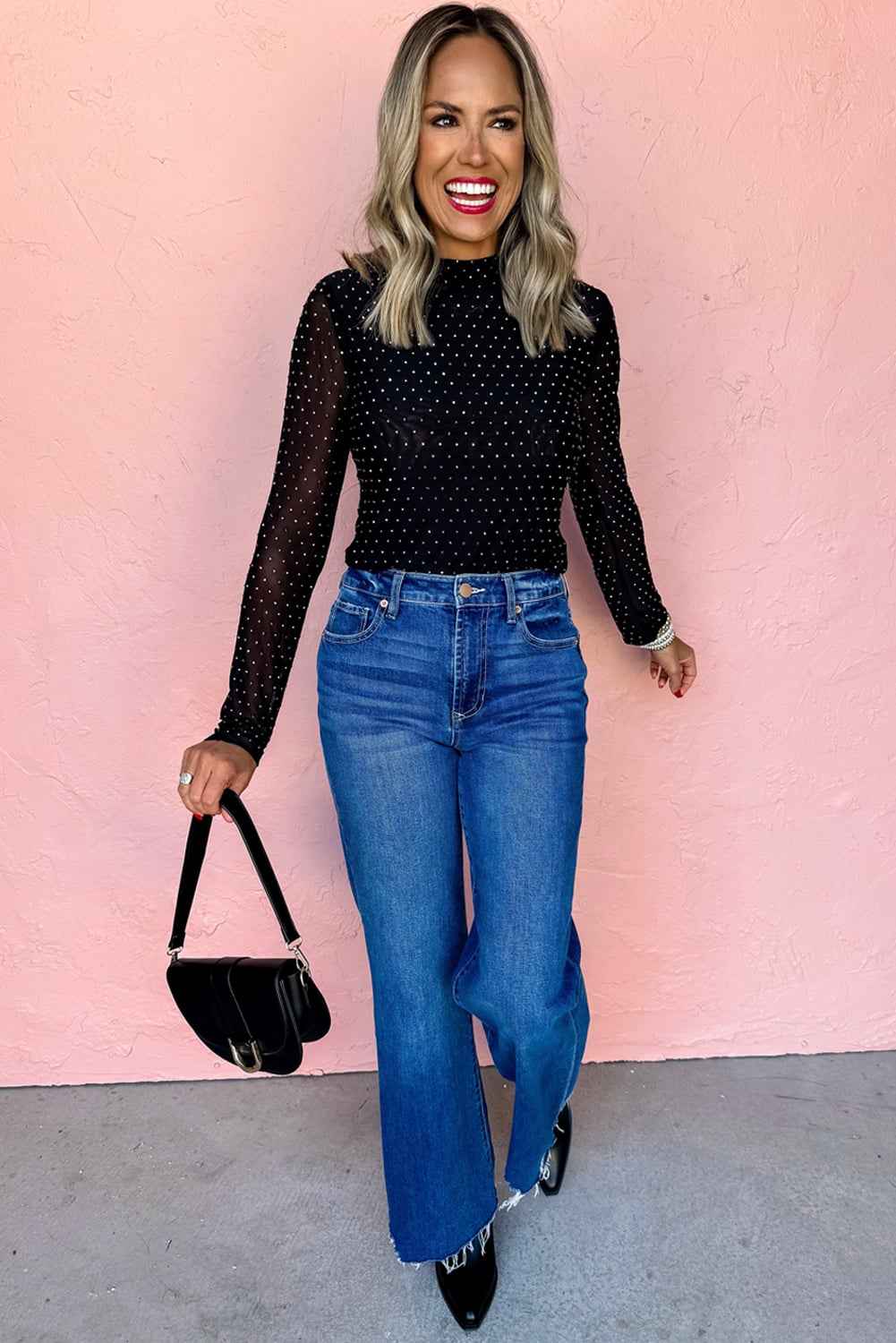 Black Rhinestone Embellished Mesh Long Sleeve Top