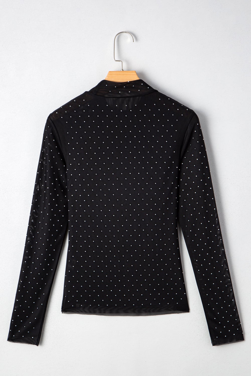 Black Rhinestone Embellished Mesh Long Sleeve Top