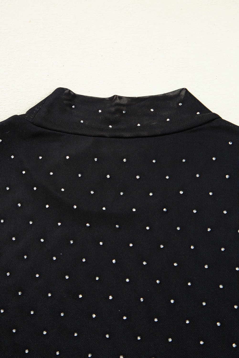 Black Rhinestone Embellished Mesh Long Sleeve Top