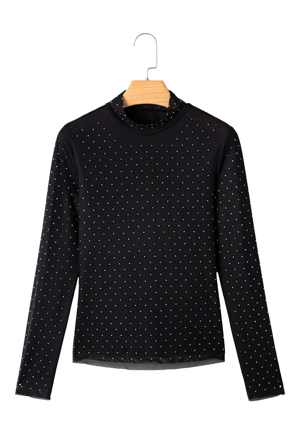 Black Rhinestone Embellished Mesh Long Sleeve Top