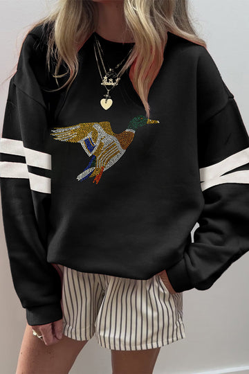 Black Rhinestone Mallard Contrast Striped Sleeve Casual Sweatshirt