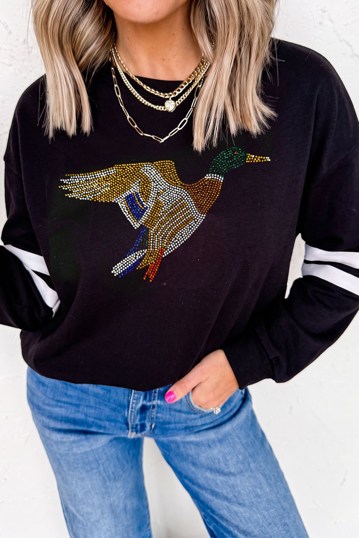 Black Rhinestone Mallard Contrast Striped Sleeve Casual Sweatshirt