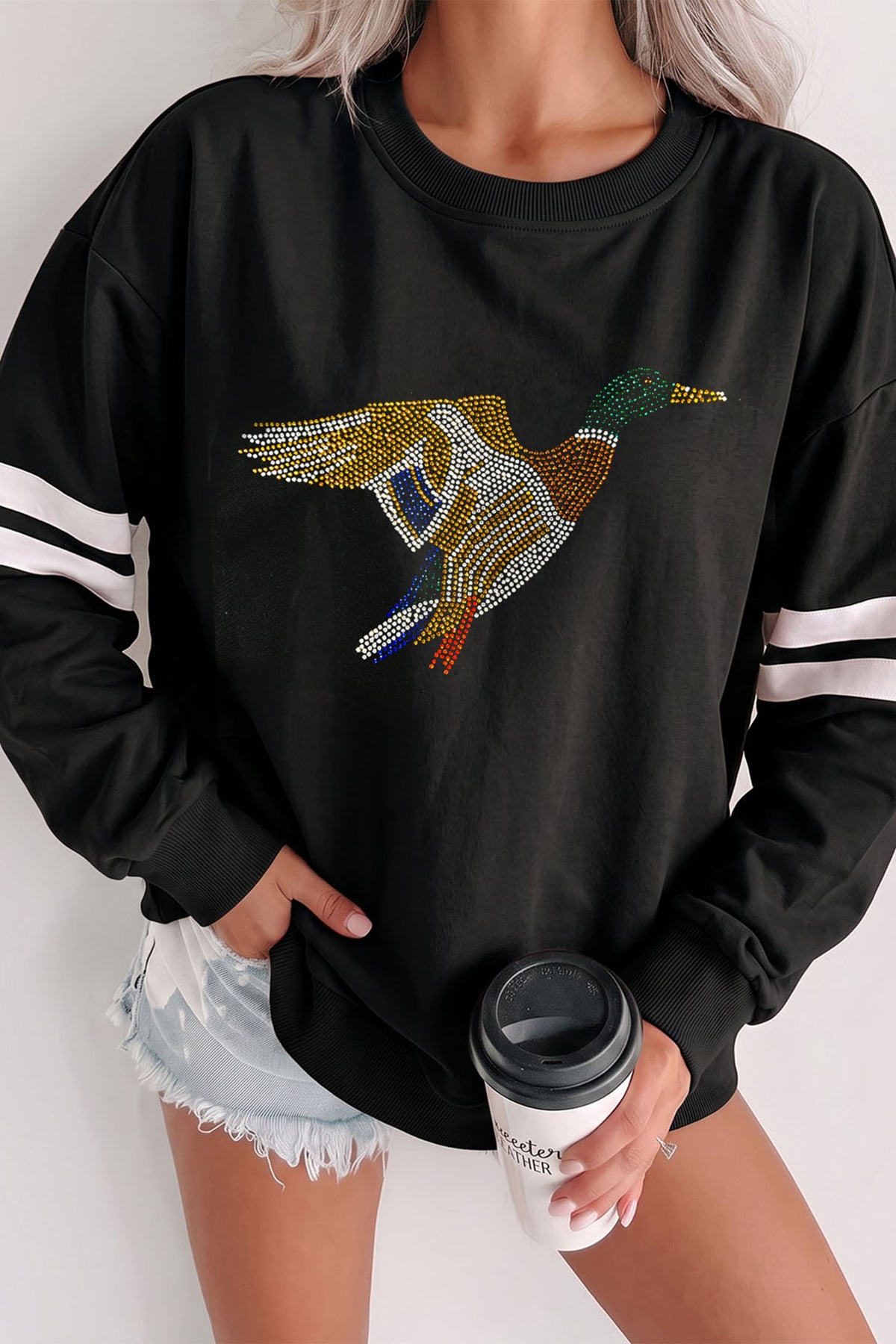 Black Rhinestone Mallard Contrast Striped Sleeve Casual Sweatshirt