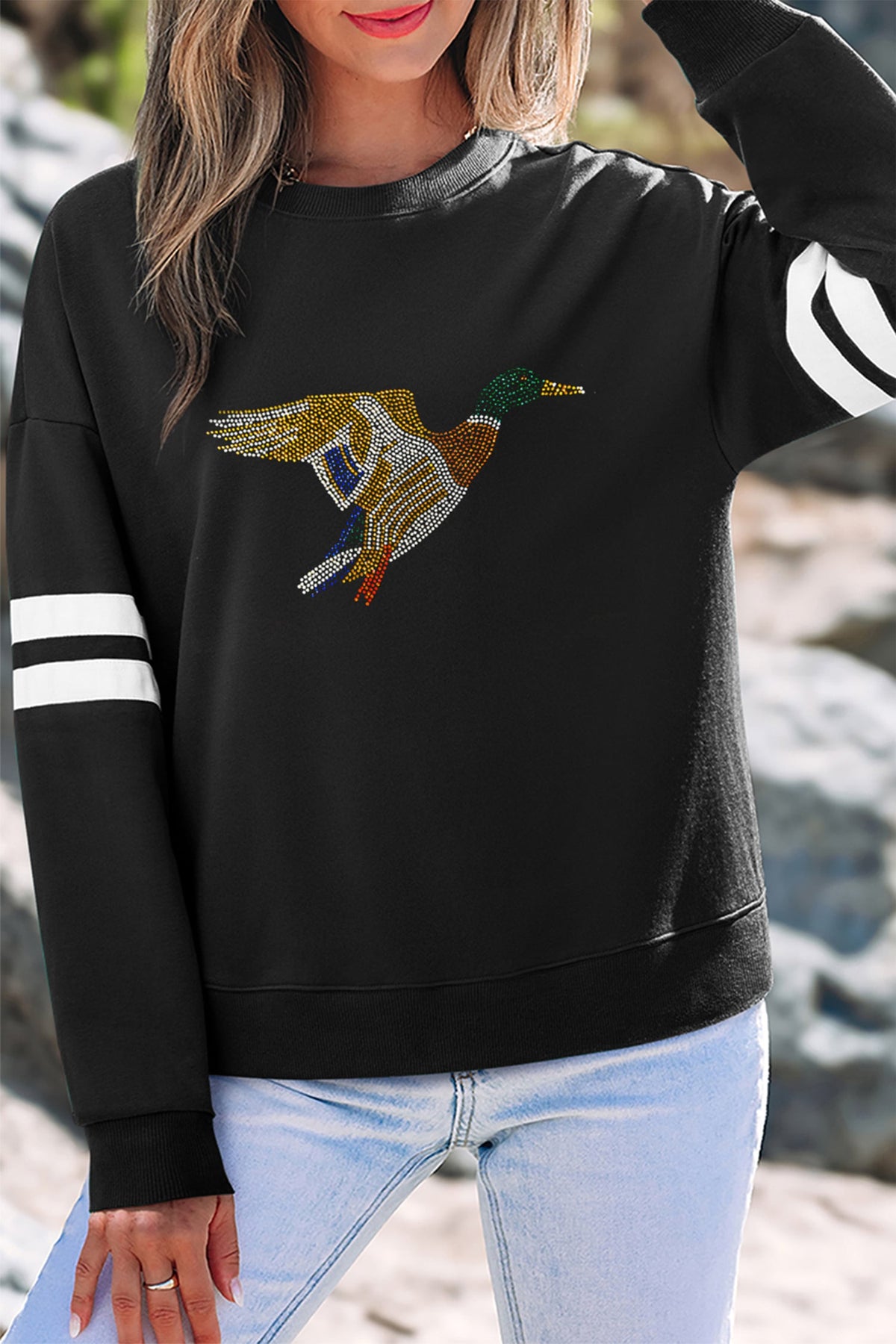 Black Rhinestone Mallard Contrast Striped Sleeve Casual Sweatshirt