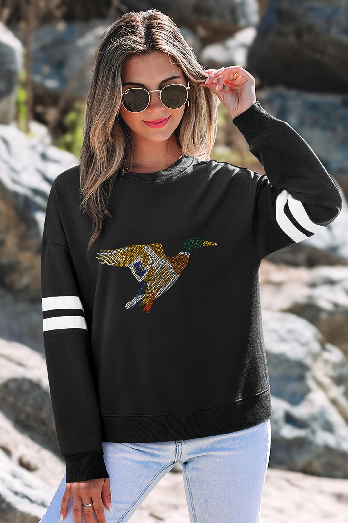 Black Rhinestone Mallard Contrast Striped Sleeve Casual Sweatshirt
