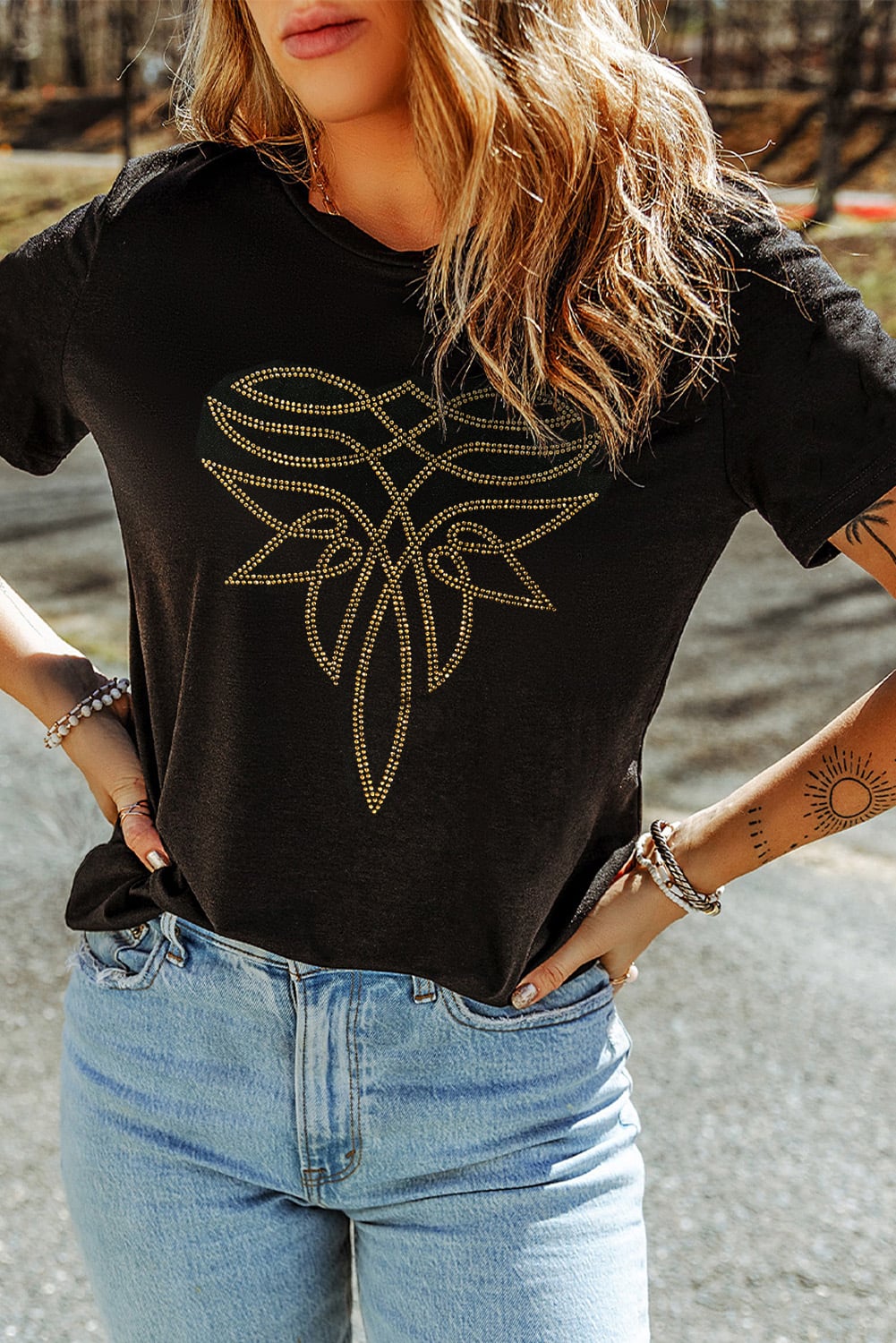 Black Rhinestone Western Pattern Cotton Blend Graphic T Shirt