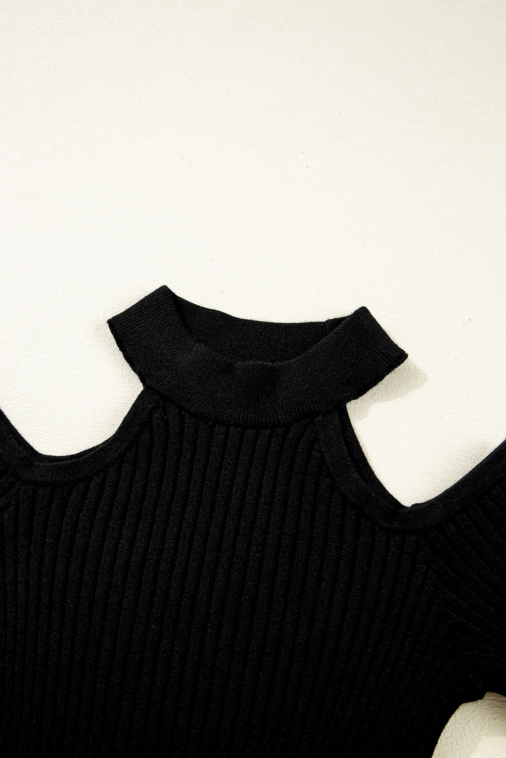 Black Ribbed Knit Cold Shoulder Choker Neck Sweater