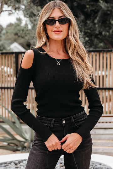 Black Ribbed Knit Cold Shoulder Sweater