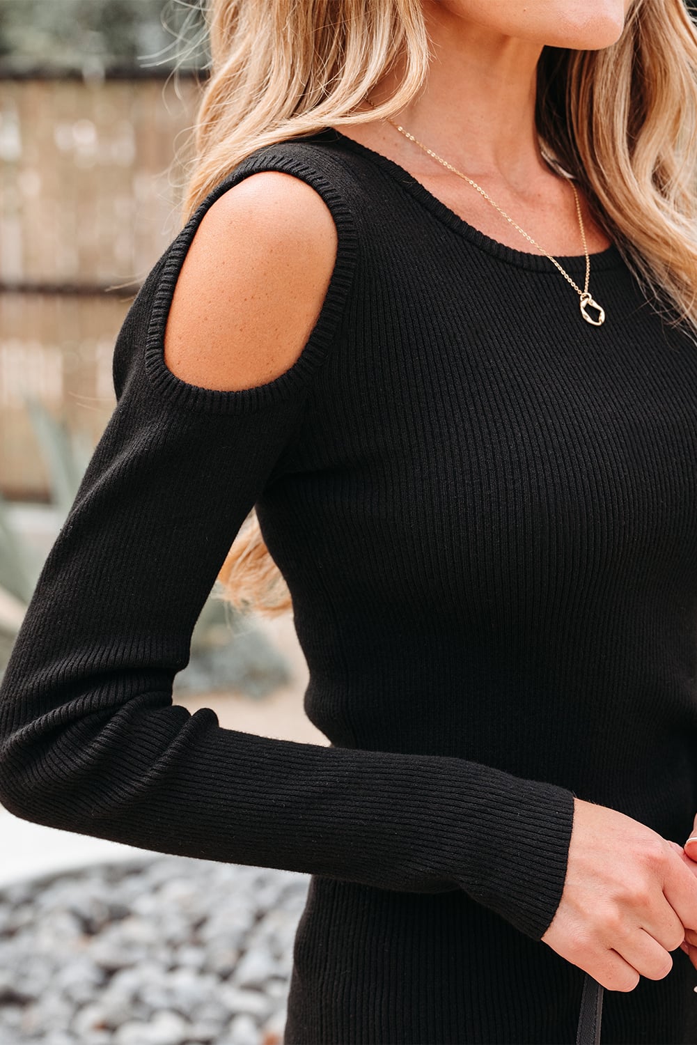 Black Ribbed Knit Cold Shoulder Sweater