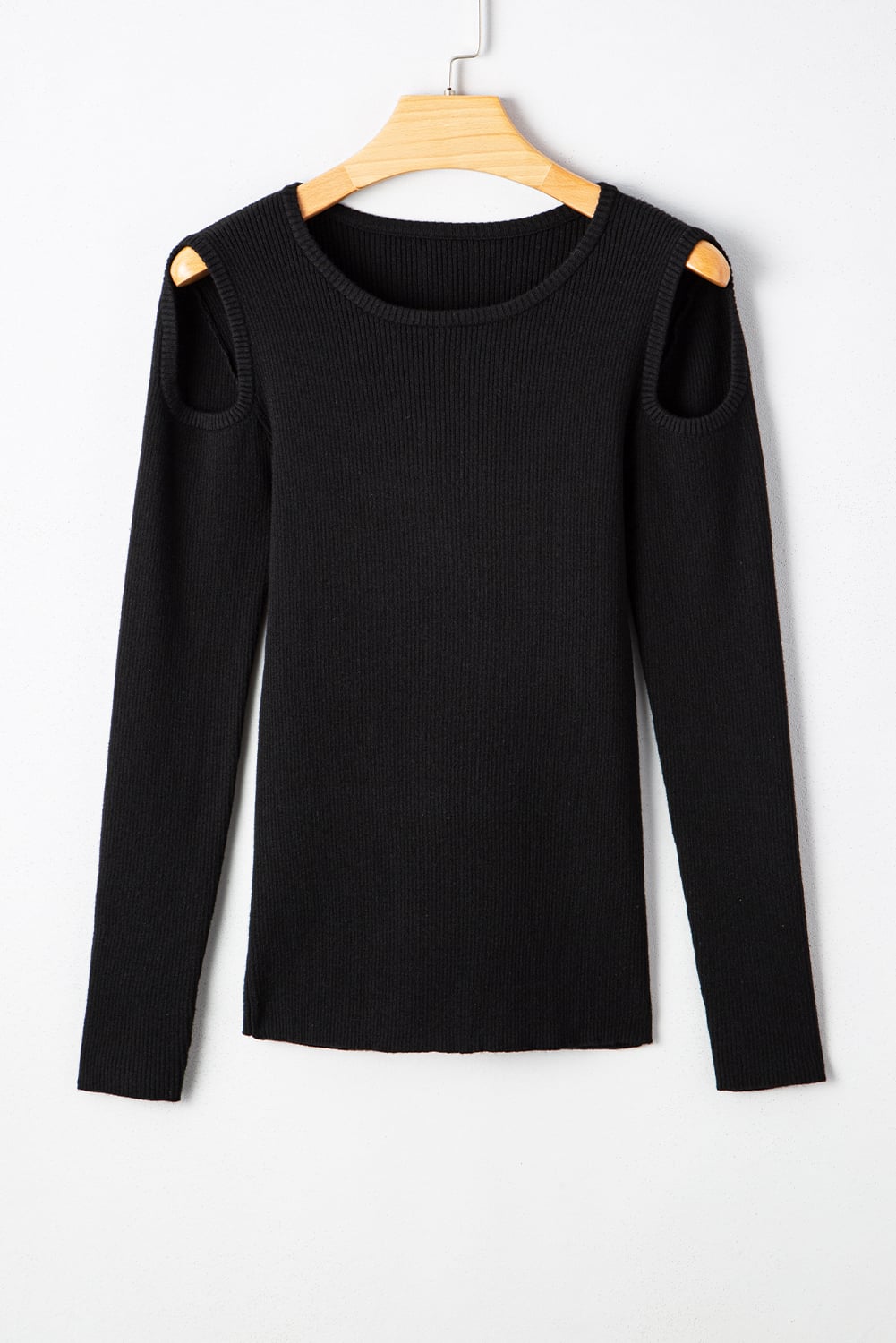 Black Ribbed Knit Cold Shoulder Sweater