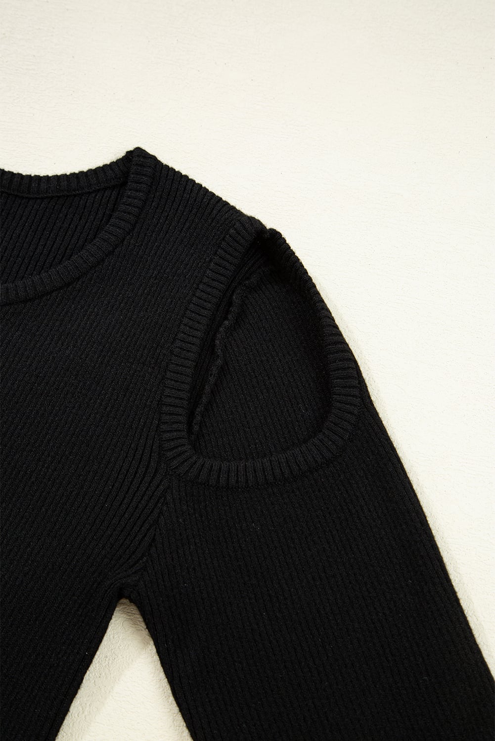 Black Ribbed Knit Cold Shoulder Sweater
