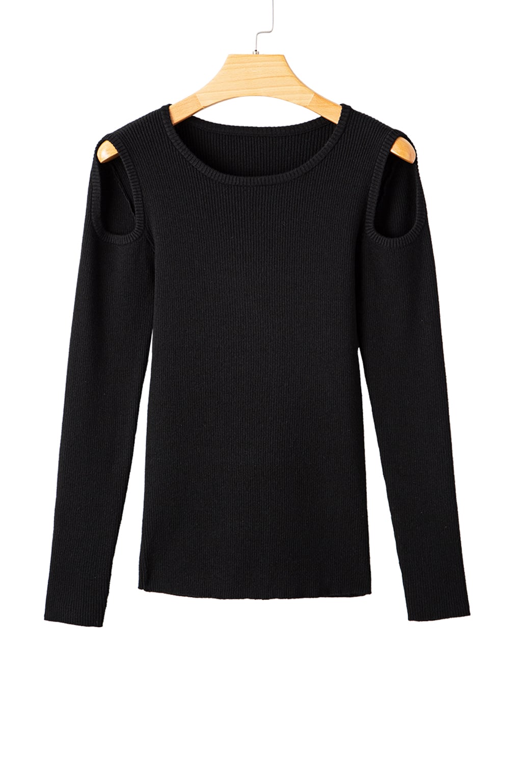 Black Ribbed Knit Cold Shoulder Sweater