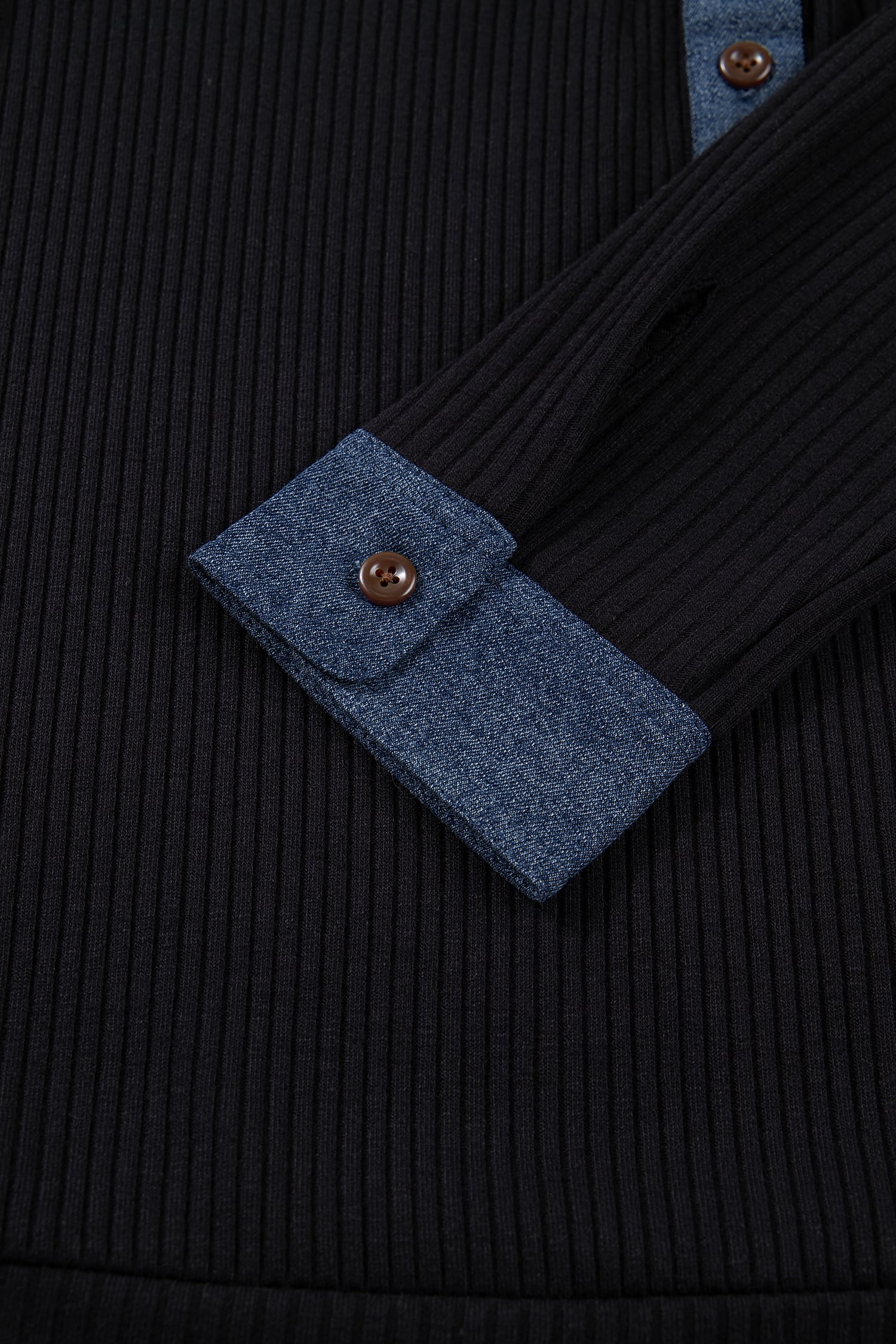 Black Ribbed Knit Contrast Denim Patchwork Hooded Long Sleeve Top
