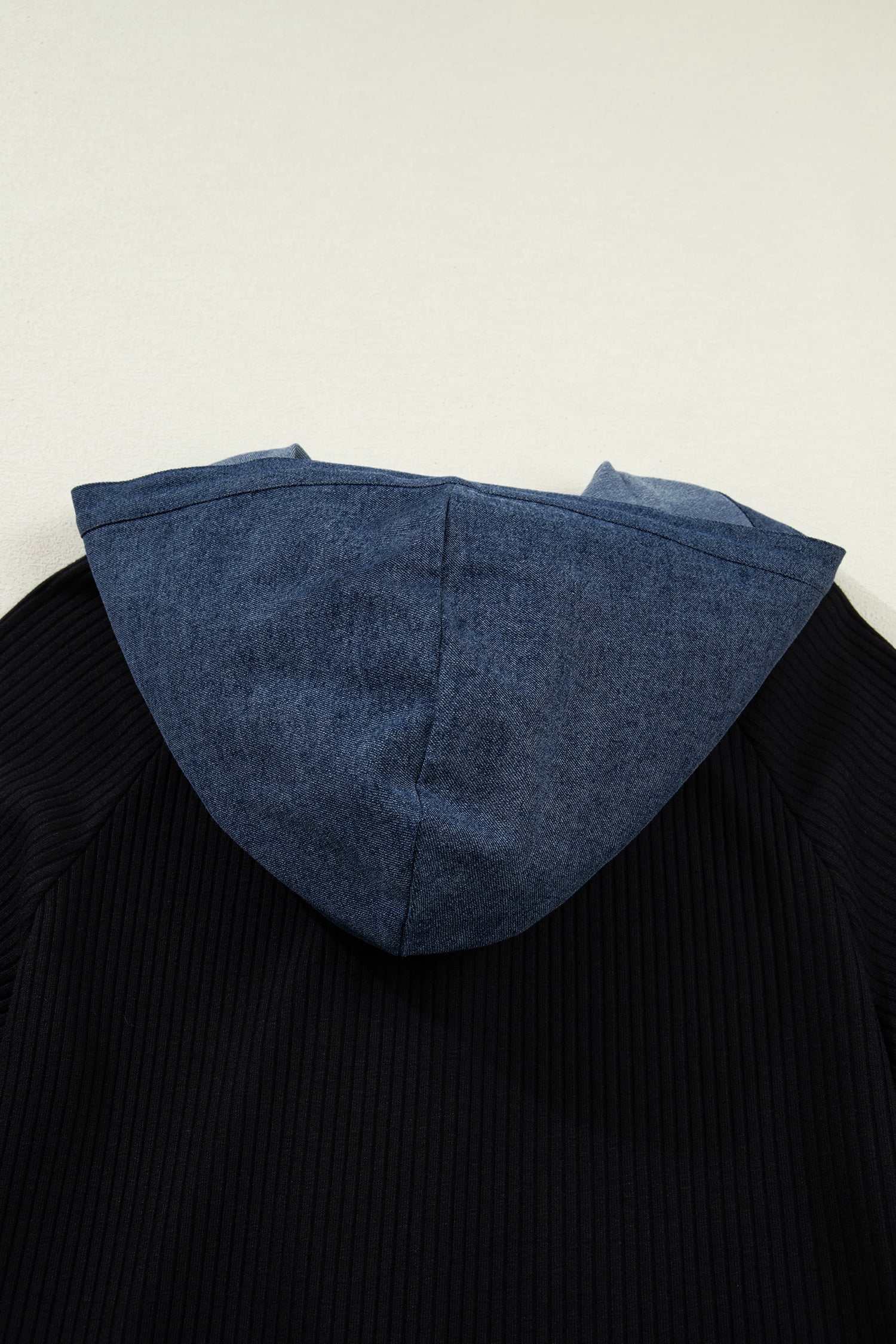 Black Ribbed Knit Contrast Denim Patchwork Hooded Long Sleeve Top