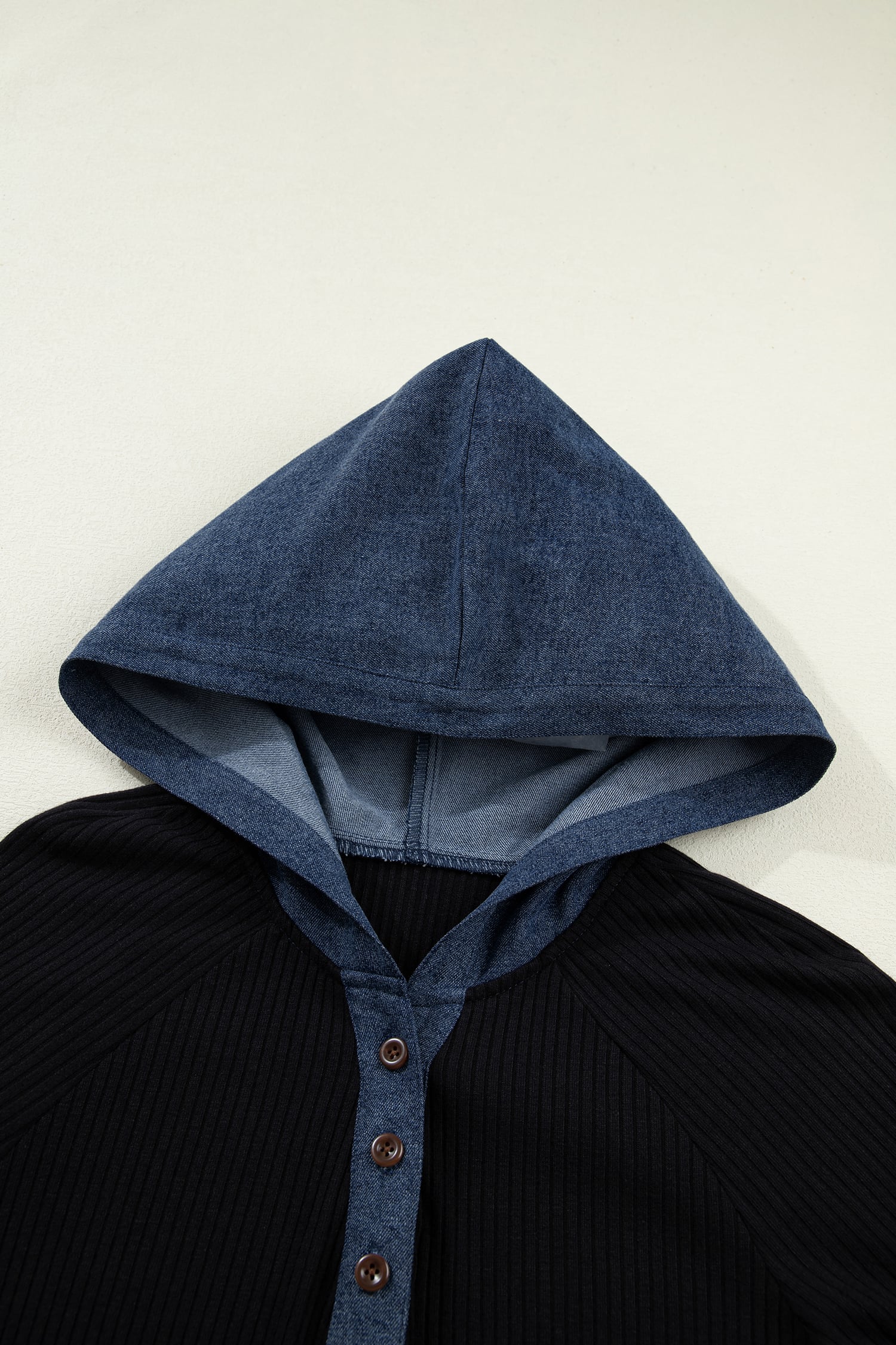 Black Ribbed Knit Contrast Denim Patchwork Hooded Long Sleeve Top
