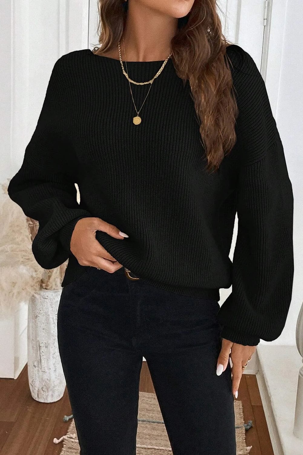Black Ribbed Knit Ribbon Knot Backless Drop Shoulder Sweater