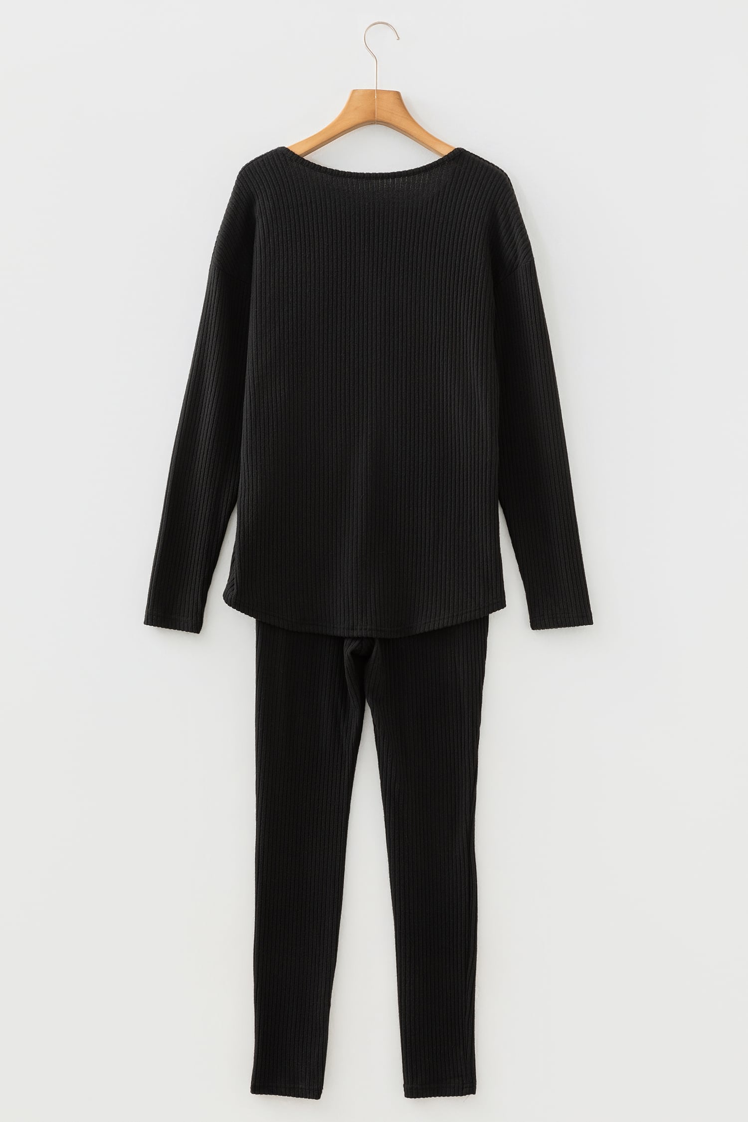 Black Ribbed Notched Neck Knit Long Sleeve Leggings Two Pieces Lounge Set