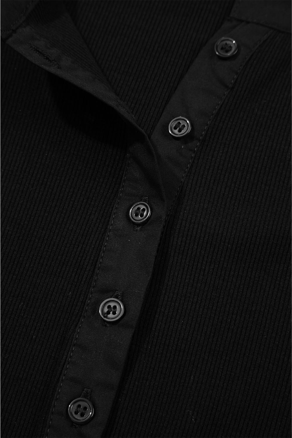 Black Ribbed Patchwork Puff Sleeve Half Button Placket Slim Fit Top