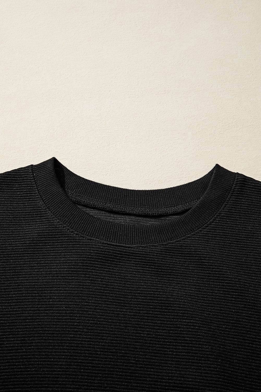 Black Ribbed Texture Baggy Drop Shoulder Pullover and Shorts Set