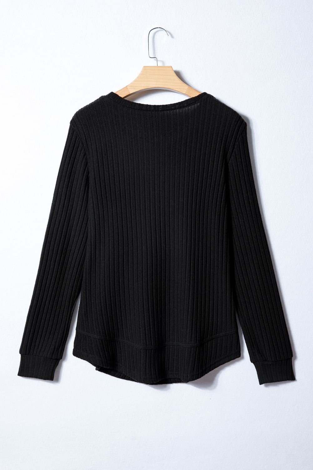 Black Ribbed Texture Round Neck Long Sleeve Rounded Hem Knit Top