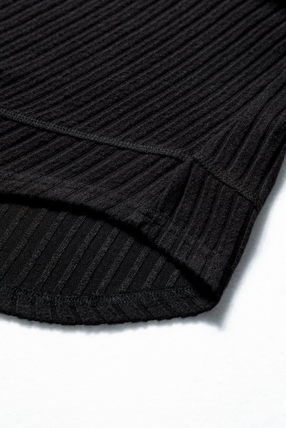 Black Ribbed Texture Round Neck Long Sleeve Rounded Hem Knit Top