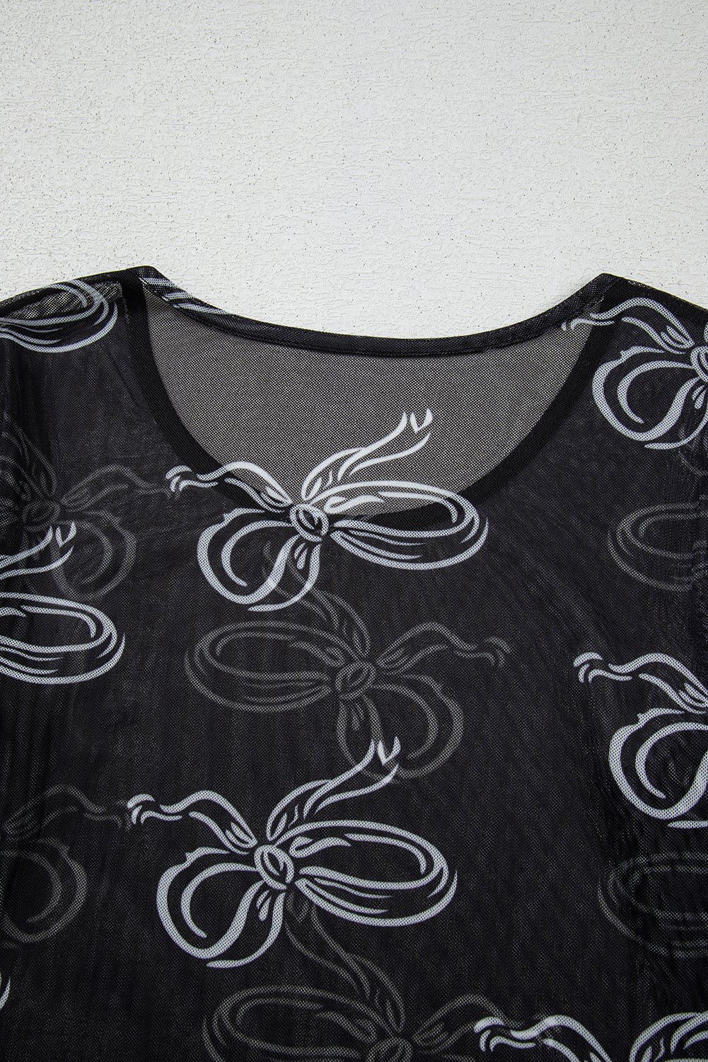 Black Round Neck Bow Print Long Sleeve Mesh Top