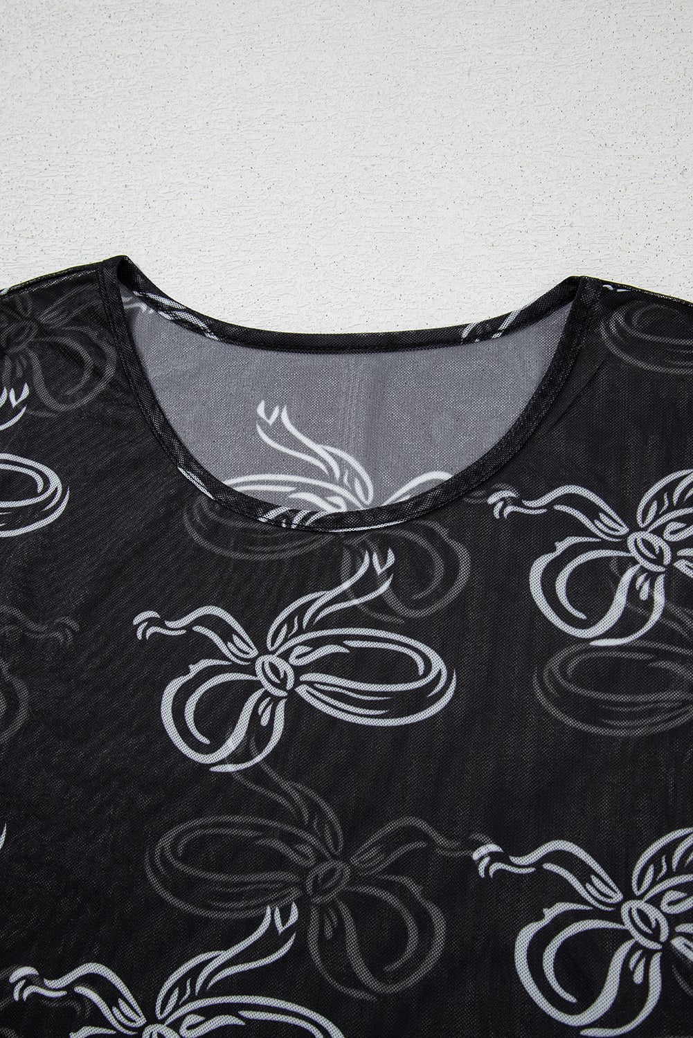 Black Round Neck Bow Print Long Sleeve Mesh Top