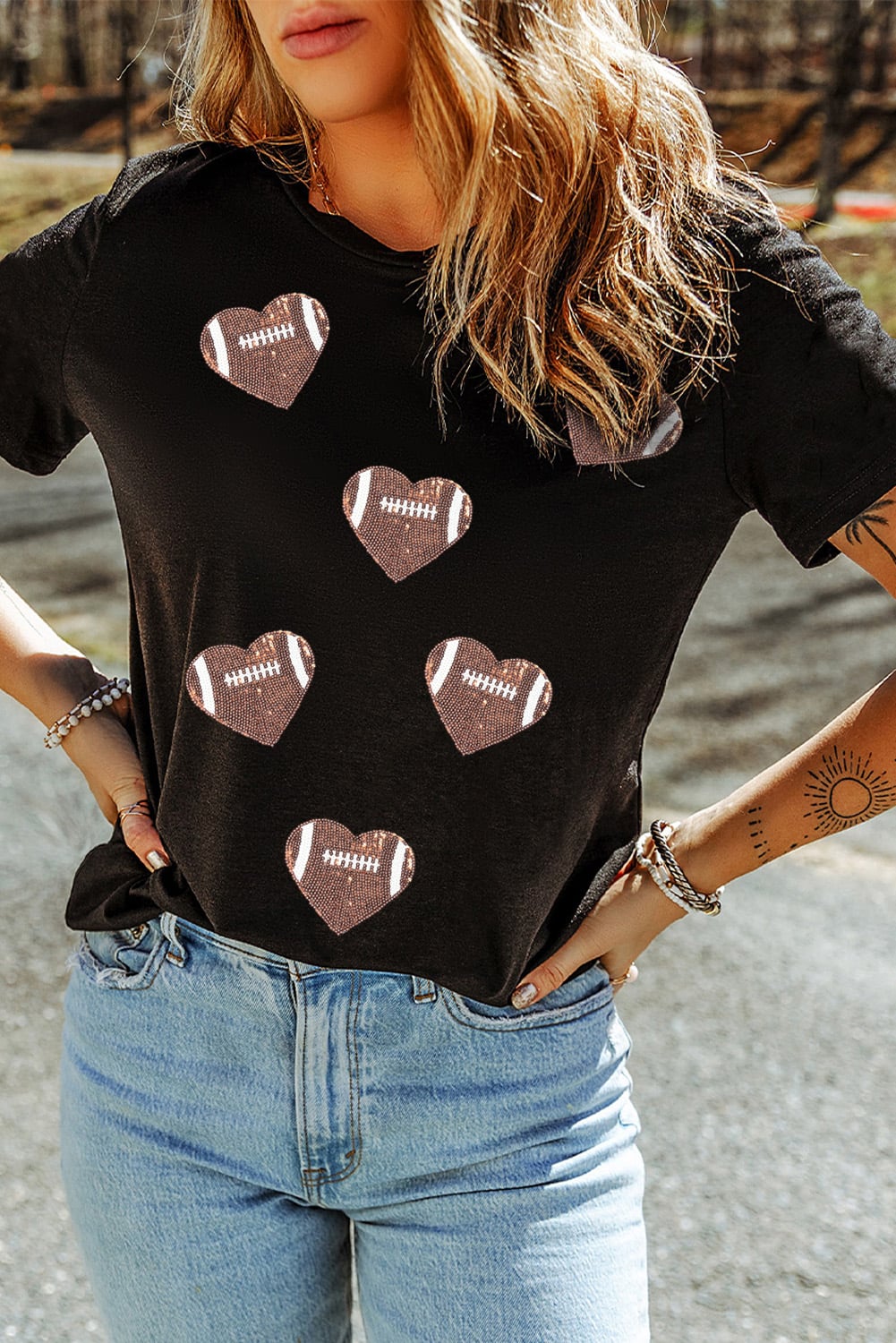 Black Rugby Football Sequin Heart Patched Graphic Tee