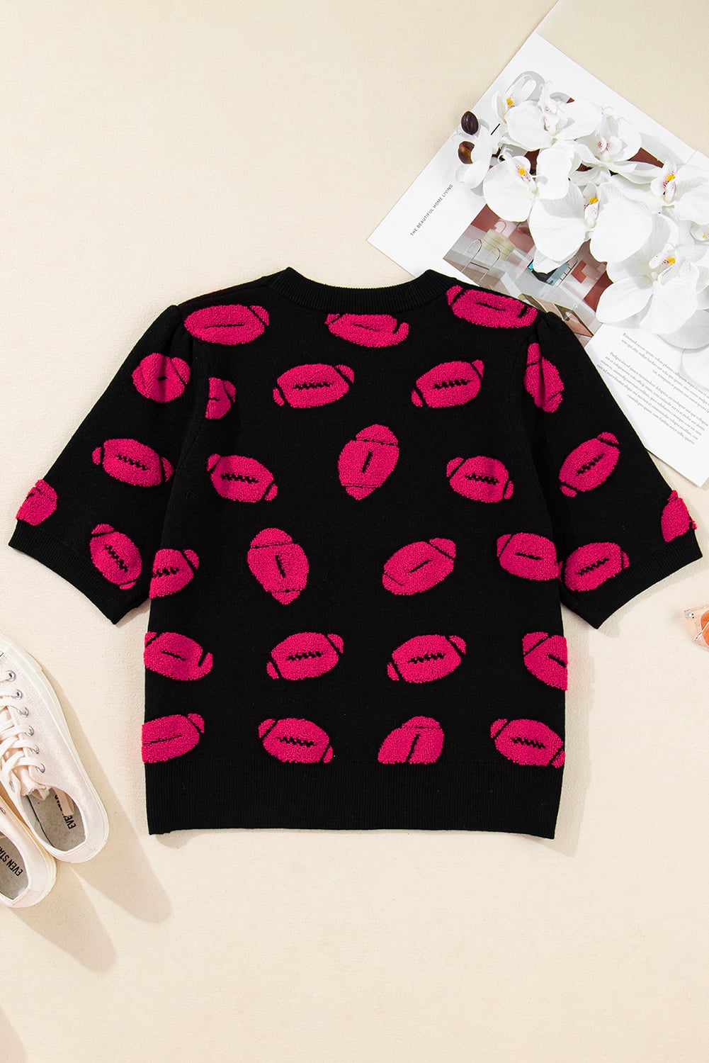 Black Rugby Print Casual Knit Short Sleeve Sweater