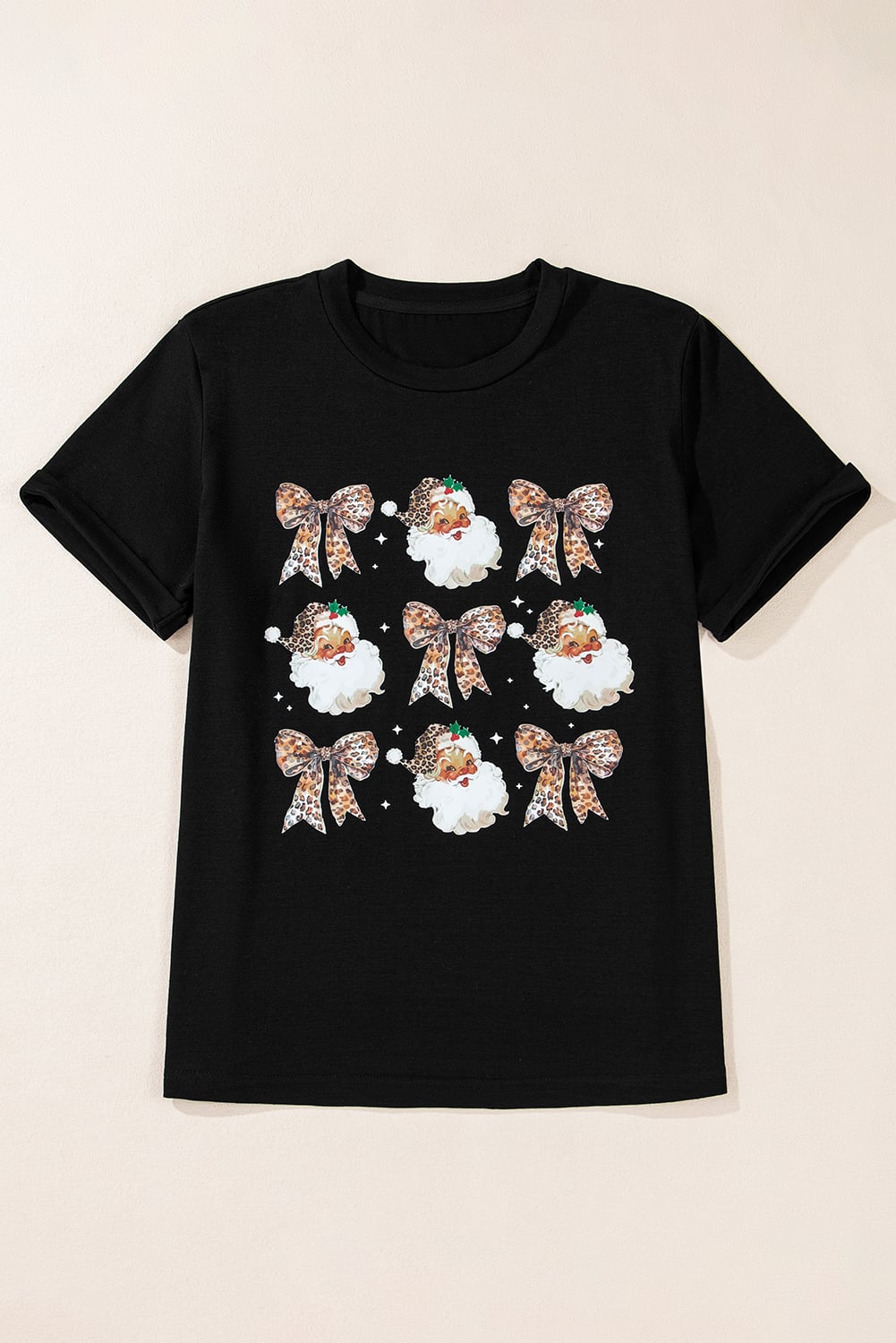 Black Santa Claus Leopard Bow Print Crew Neck Casual T Shirt