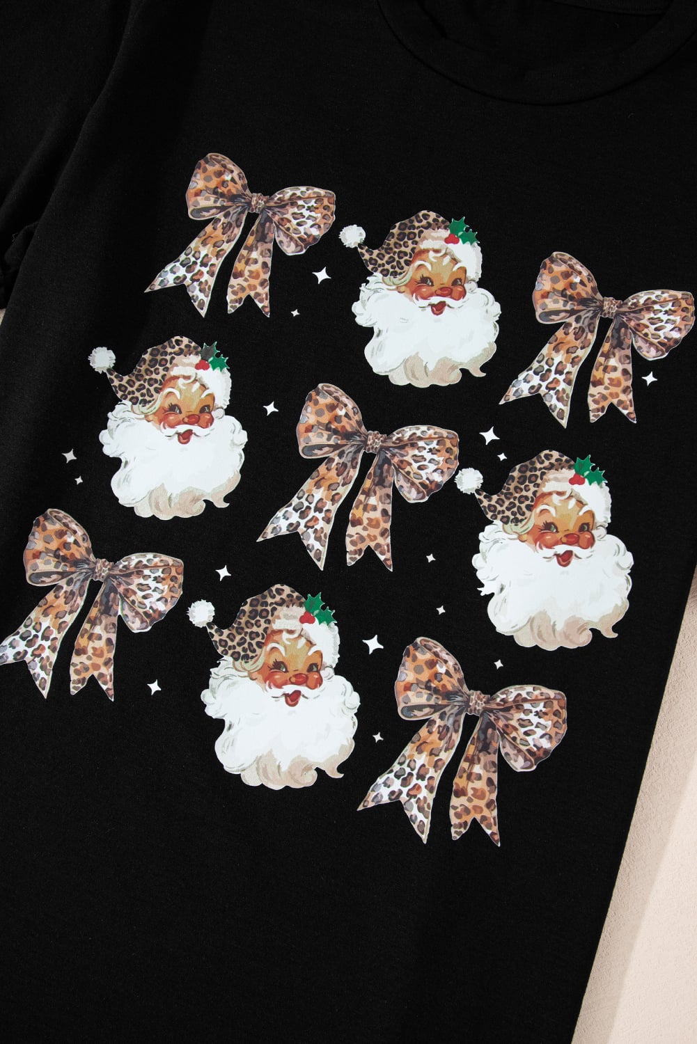 Black Santa Claus Leopard Bow Print Crew Neck Casual T Shirt