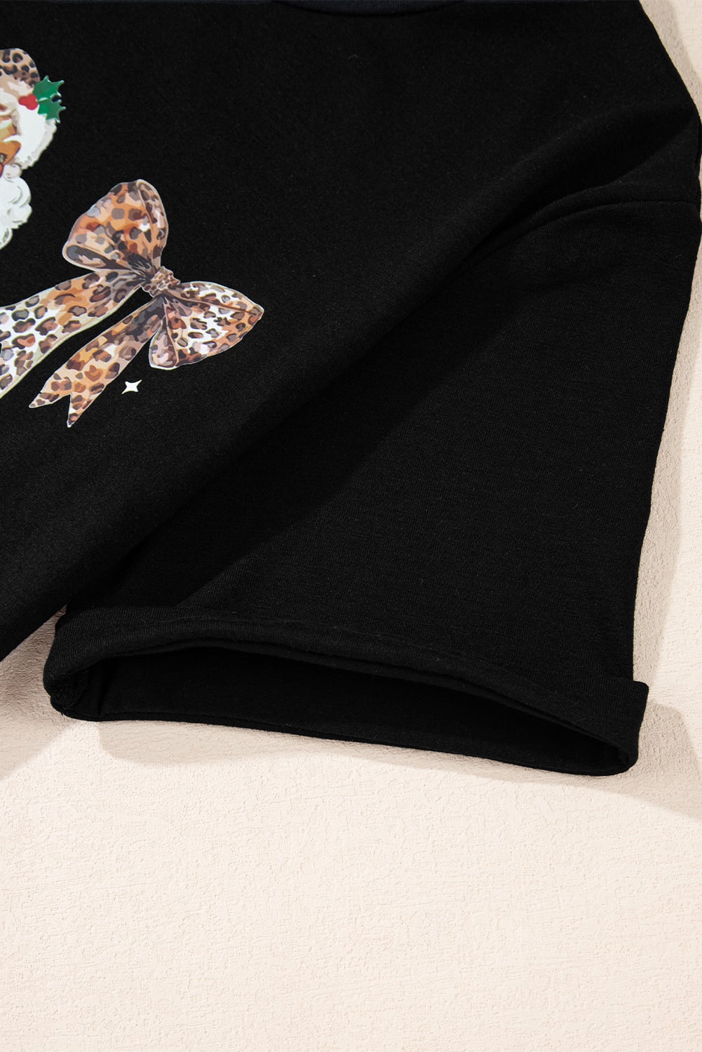 Black Santa Claus Leopard Bow Print Crew Neck Casual T Shirt