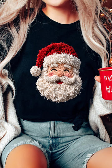 Black Santa Tufted Graphic Round Neck Casual T-Shirt