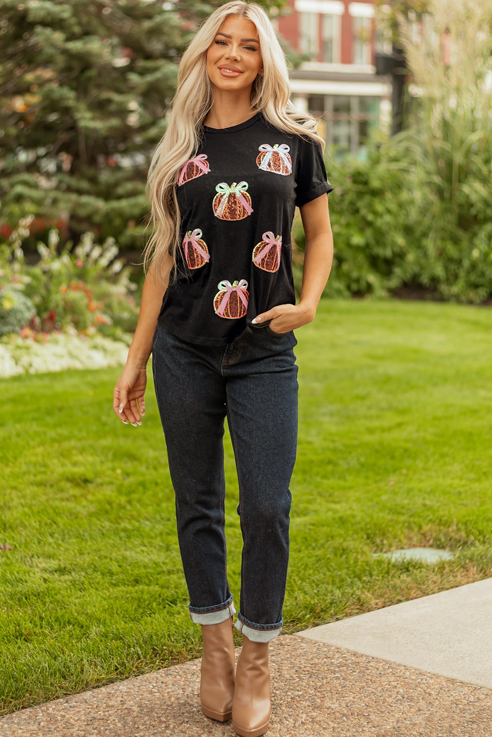 Black Sequin Bow Pumpkin Patched Cotton Blend T Shirt