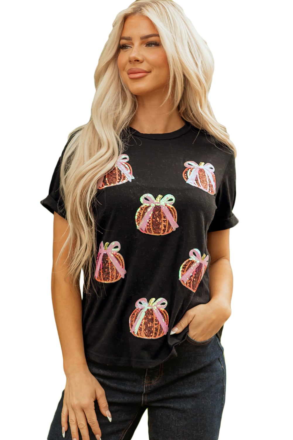 Black Sequin Bow Pumpkin Patched Cotton Blend T Shirt
