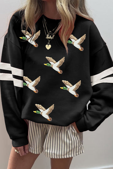 Black Sequin Mallard Crew Neck Casual Pullover Sweatshirt