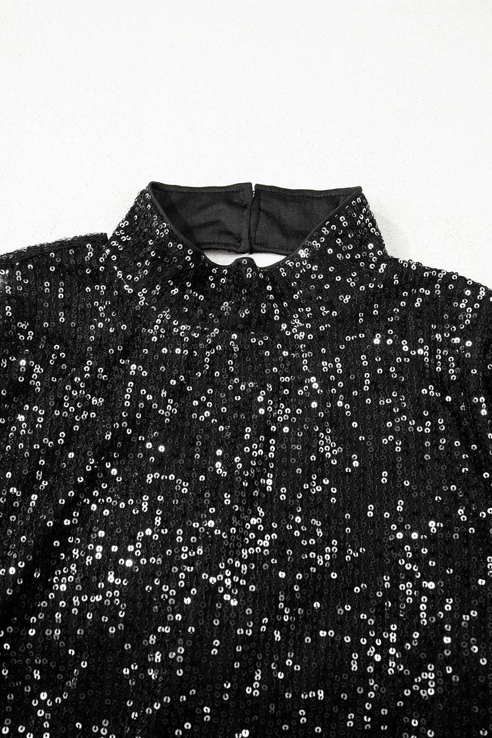 Black Sequin Mock Neck Drape Open Back Bell Sleeve Top