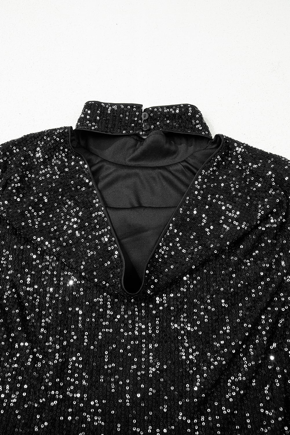 Black Sequin Mock Neck Drape Open Back Bell Sleeve Top