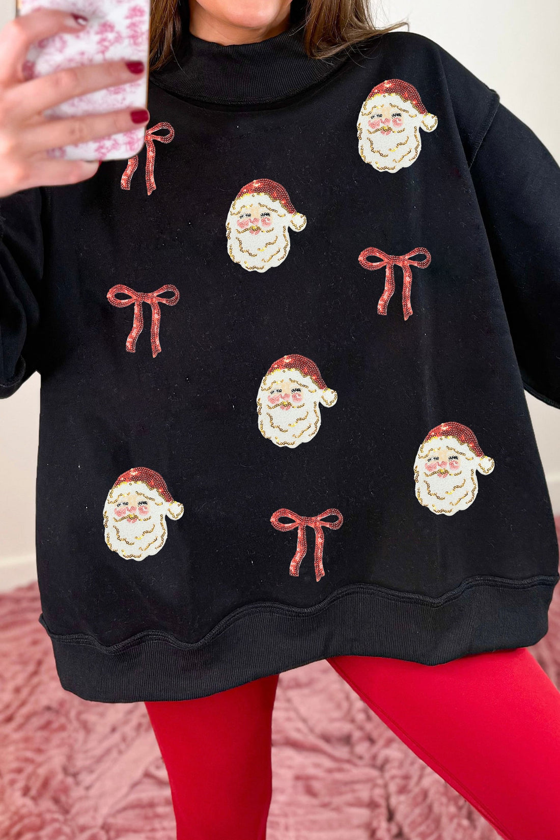 Black Sequin Santa Bow High Neck Pullover Sweatshirt