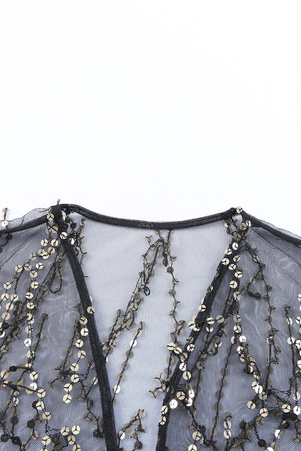 Black Sequin Sheer Long Sleeve Open Front Kimono