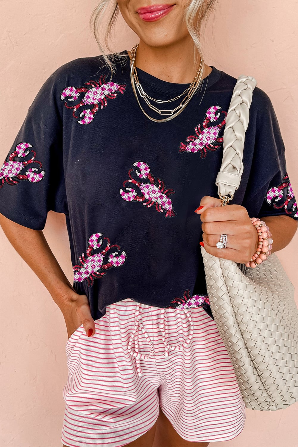 Black Sequin Crawfish Patched Crew Neck Tee