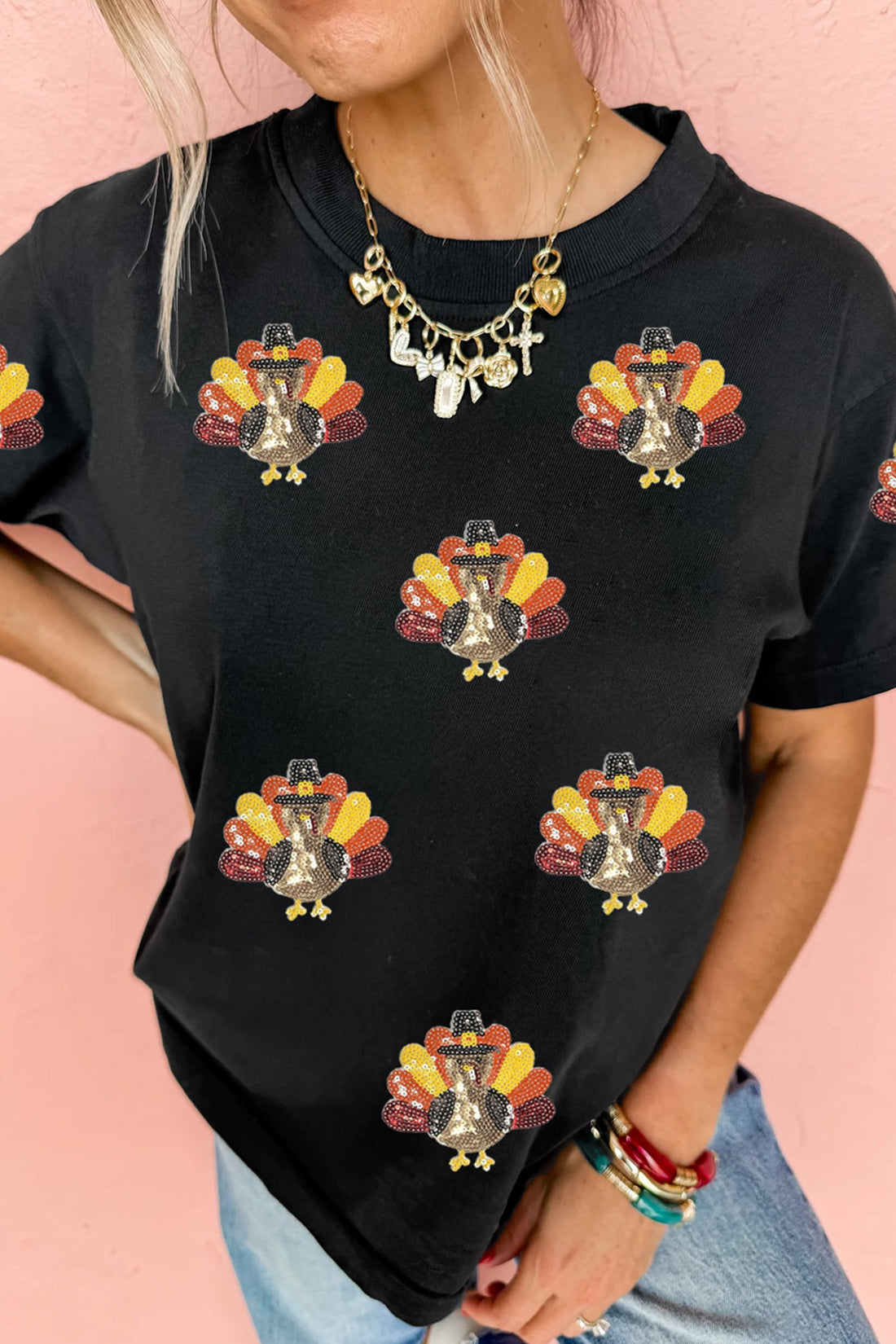 Black Sequin Turkey Round Neck Casual T-Shirt